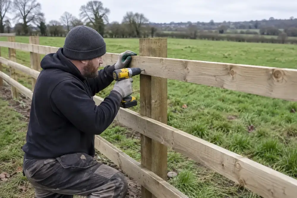 Fencing tradesperson securing timber rails to an agricultural field boundary post