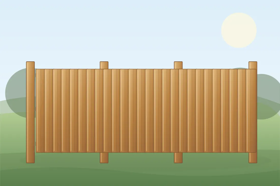 Illustrated closeboard fence installation showing the relevant posts, panels and fencing layout in a landscaped UK setting
