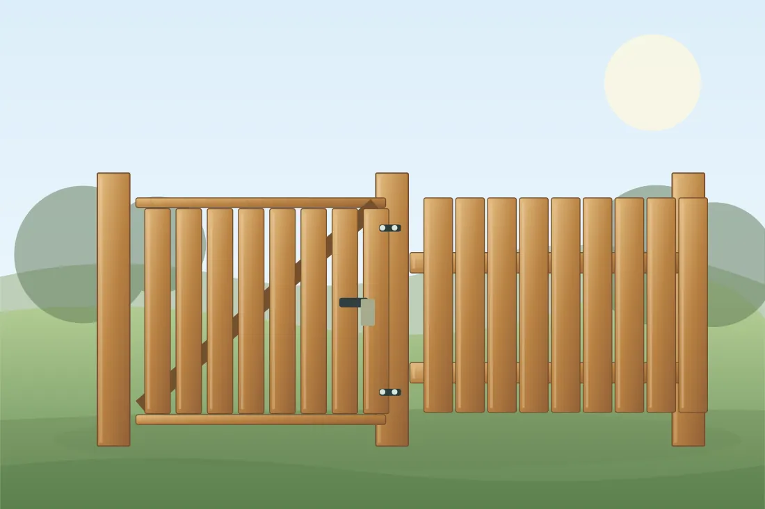 Illustrated fence gate installation showing the relevant posts, panels and fencing layout in a landscaped UK setting