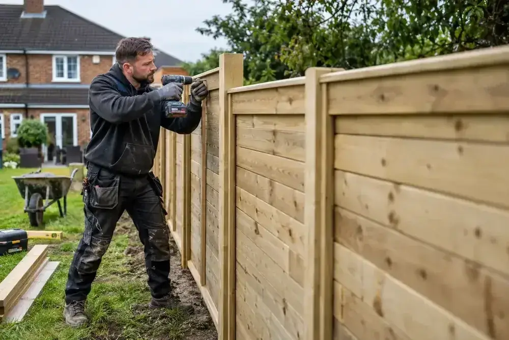 Professional fence installer fitting a new garden timber fence panel beside a British house