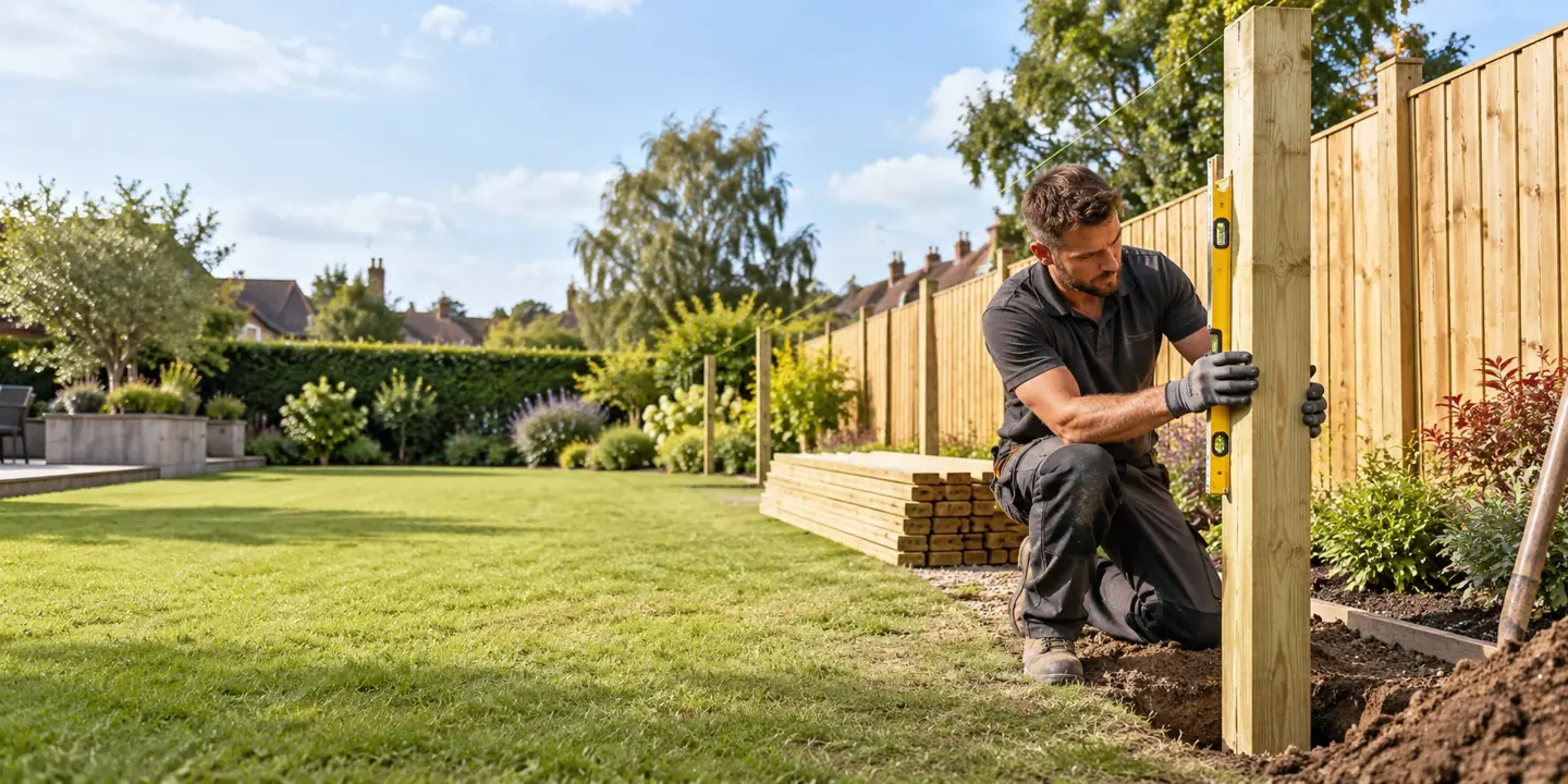 Fence installer setting timber posts with a spirit level beside a completed wooden garden fence in a British residential garden