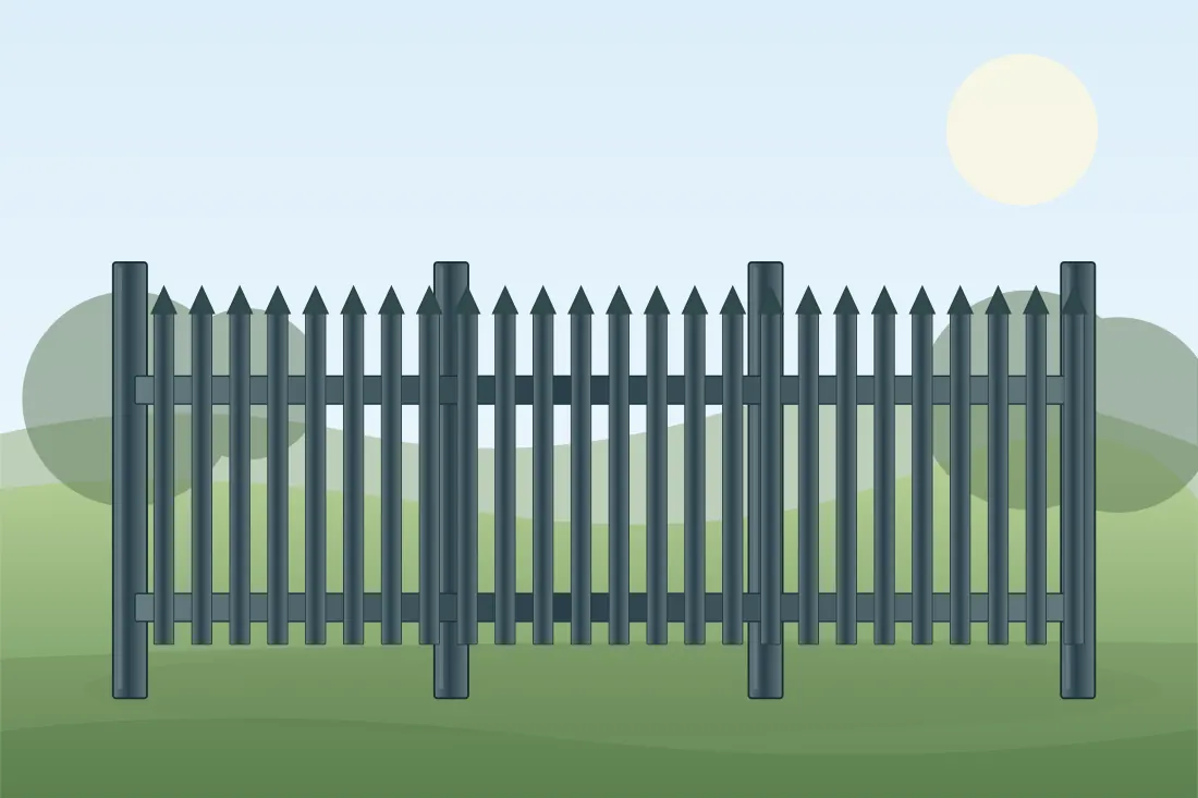 Illustrated metal fence installation showing the relevant posts, panels and fencing layout in a landscaped UK setting