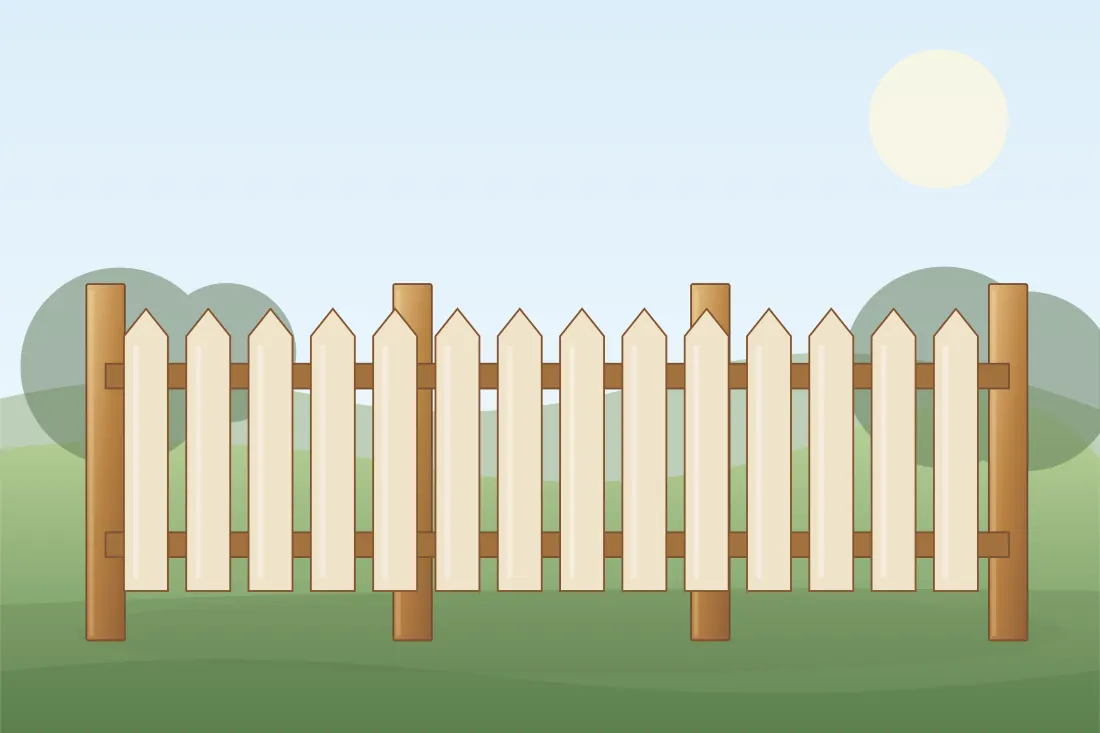 Illustrated picket fence installation showing the relevant posts, panels and fencing layout in a landscaped UK setting
