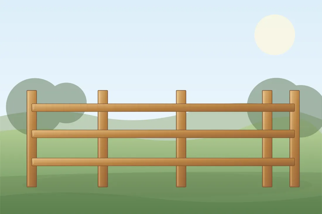 Illustrated post-and-rail fence installation showing the relevant posts, panels and fencing layout in a landscaped UK setting