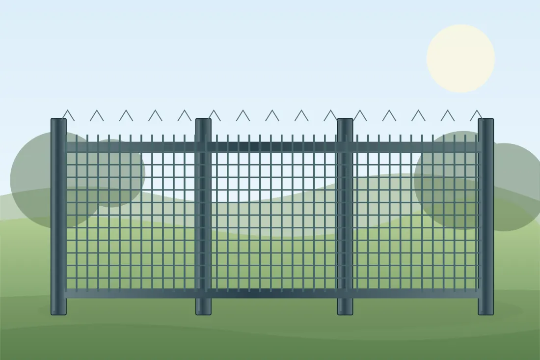 Illustrated security fence installation showing the relevant posts, panels and fencing layout in a landscaped UK setting