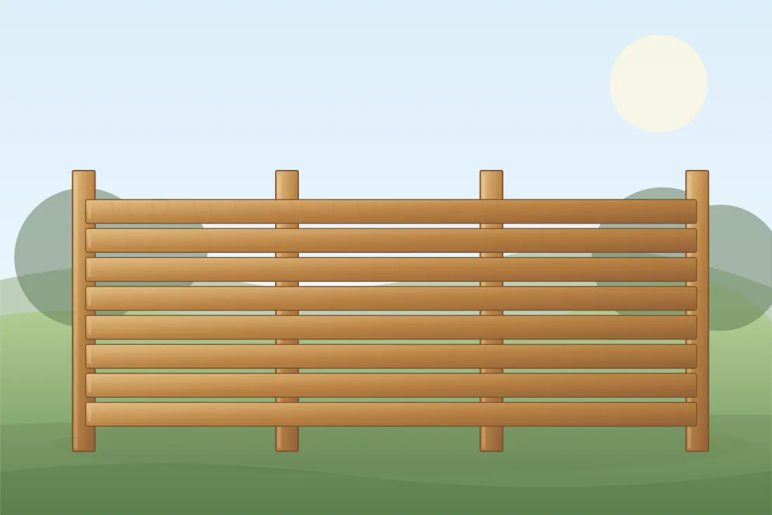 Illustrated timber fence installation showing the relevant posts, panels and fencing layout in a landscaped UK setting